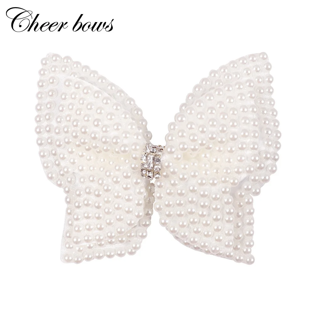 Boutique Lovely White Pearl Hairbow Solid Chic Bowknot With Clips Central Rhinestone Hairbows For Princess Hair Accessories | Аксессуары