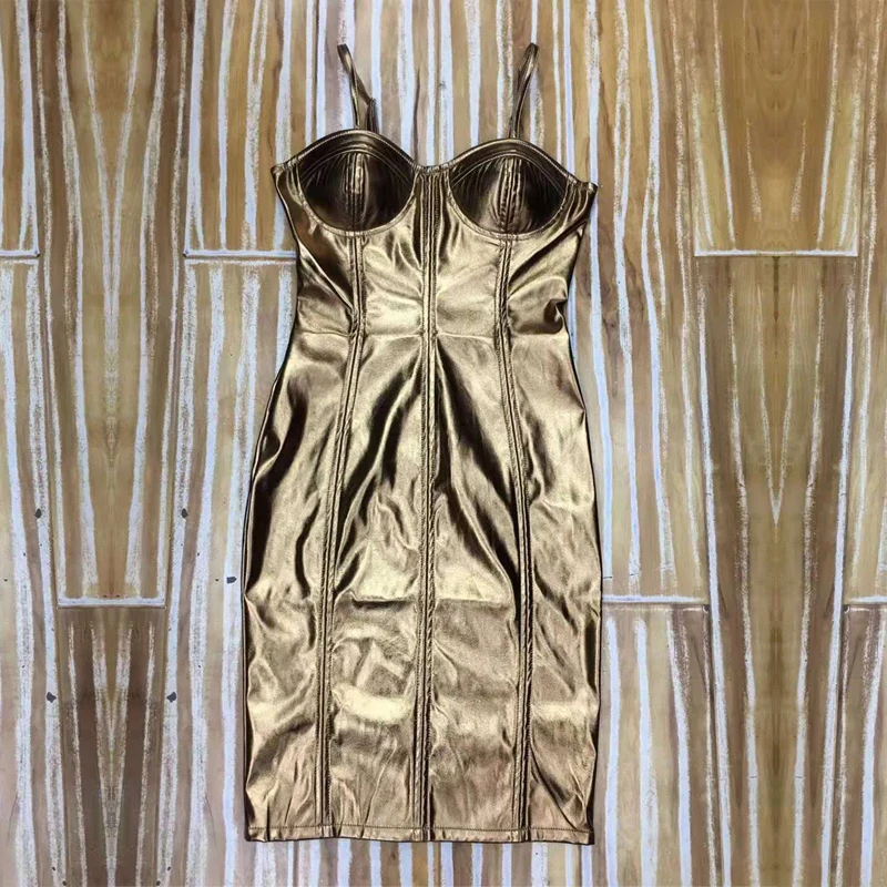 Модное золотистое женское платье из искусственной кожи высококачественное