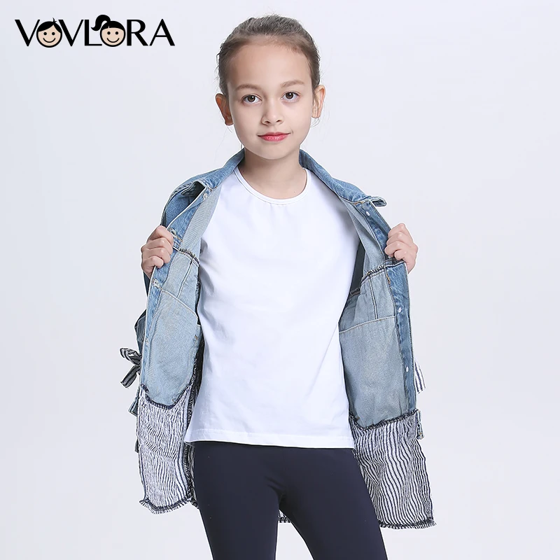 Denim Patchwork Striped Girls Jackets Coats Solid Cotton Long Sleeve Kids Coat Fashion 2018 Clothes Size 9 10 11 12 13 14 Years | Детская