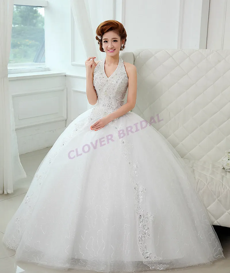 2016 New Luxury Sexy Lace Halter Pearl Tiered Bow Beaded Crystal Sequine Tassel Ball Gown Princess Wedding Dresses For Bridal | Свадьбы и