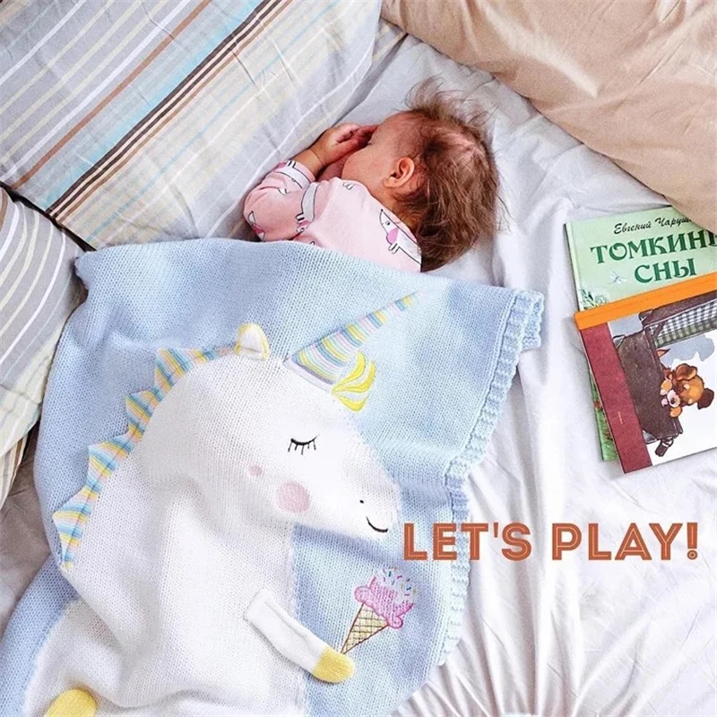 

Baby Toddler Infant Newborn Knitted Blanket Pram Cot Bed Moses Basket Crib Cartoon Unicorn Nursery Sleeping Pillow