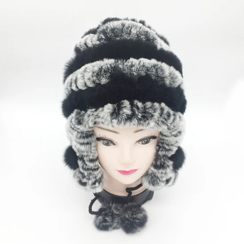 grey and black Новинка, Модный женский Настоящий мех кролика, шапка, зимняя женская шапка из меха кролика Рекс, шапка s, теплая вязаная, настоящий мех кролика, шапка - Цвет: grey and black