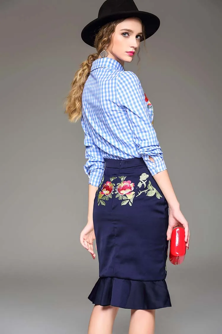 Новое Прибытие 2016 Осенние женщин Turn Down Воротник С Длинными Рукавами Вышивка