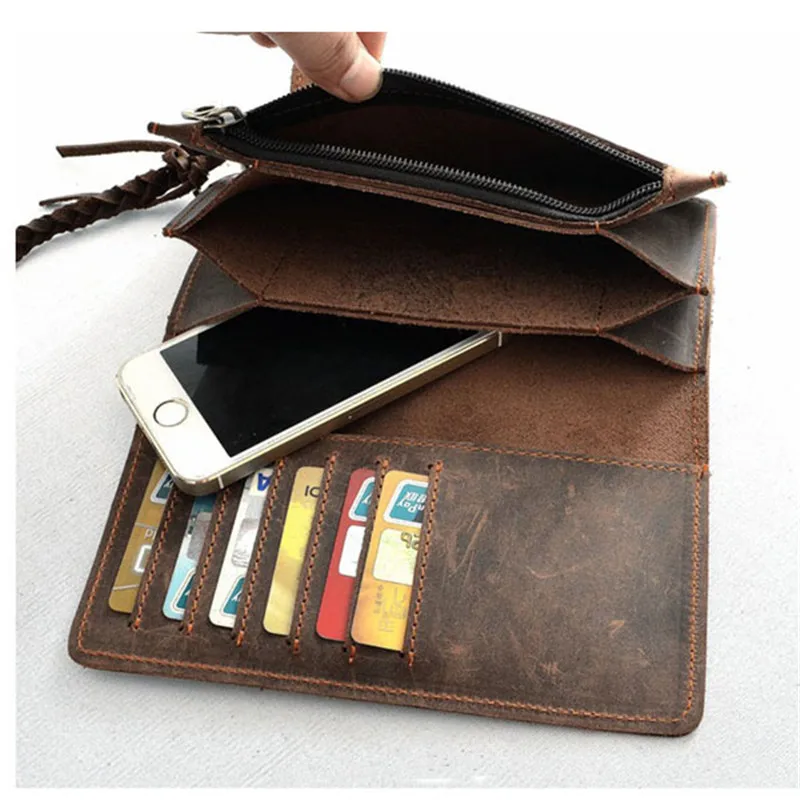 Новые мужские кошельки из кожи Крейзи Хорс с вязаной цепочкой Длинные в стиле