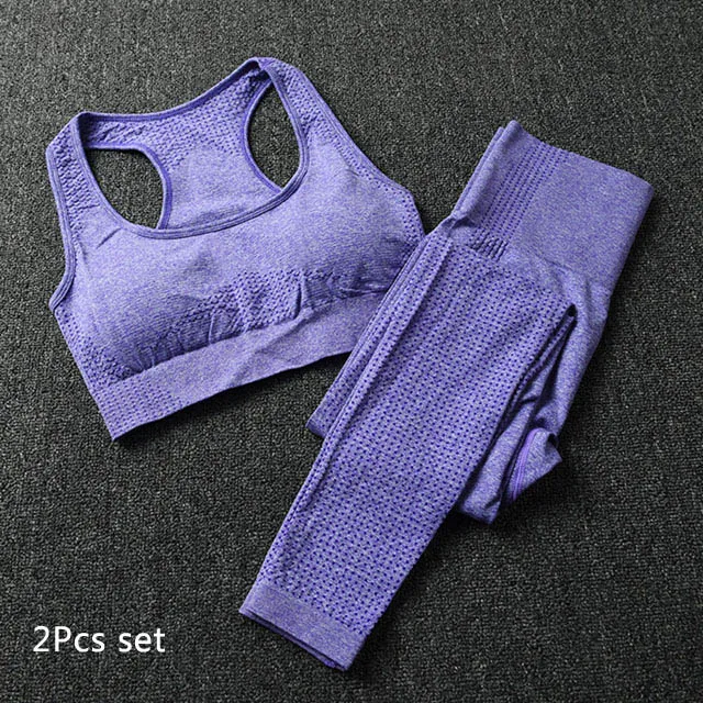 Purple 2Pcs Set Энергии бесшовные леггинсы+ бюстгалтер на бретельках, комплект из 2 предметов, набор для йоги Для женщин Одежда для фитнеса, тренажерного зала с высокой талией для йоги леггинсы комплект спортивная одежда для бега - Цвет: Purple 2Pcs Set