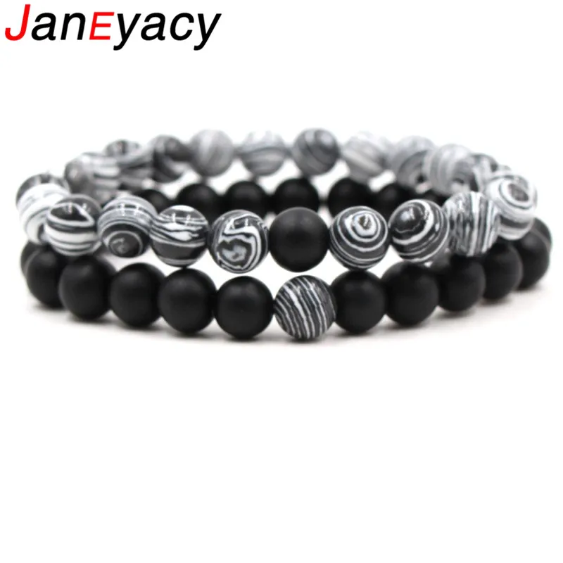 

2018 8mm 2pcs/set Fashion Couples Distance Bracelet Pulaseras Womens Classic Scrub Stone Black and Malachite Beaded Bracelet Men