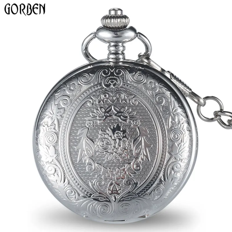 

Retro GOBREN Roman numerals Silver Plated 2 Sides Carving Elegant Pocket Watch Mens Analog Quartz Fob Waist Women Luxury Watch