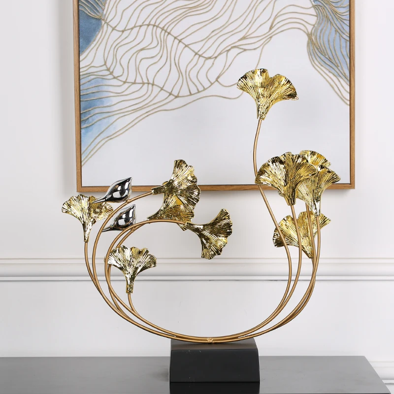 Luxury Gold Resin Ginkgo Leaf Metal Plant Figurines Home Furnishing Decoration Crafts Hotel Livingrroom Fengshui Desk Ornaments
