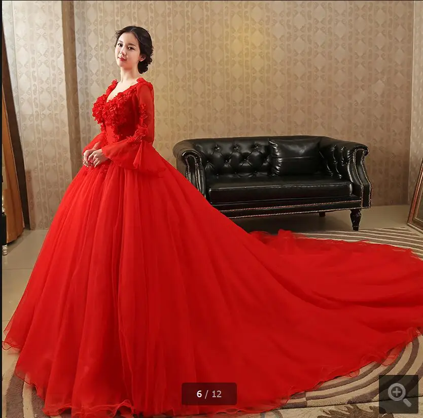 Robe de Свадебный шарик платье Красные Свадебные платья с длинным рукавом Кружева аппликации свадебное платье мусульманское Часовня Поезд королевские свадебные платья