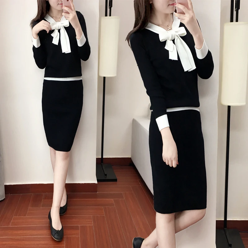 

Fashion 2 pieces sets Women's Knit Suit 2018 Elegant Slim Pullover Tops+Skirt Knitted Sweater 2 pieces Sets Women Clothing Sets