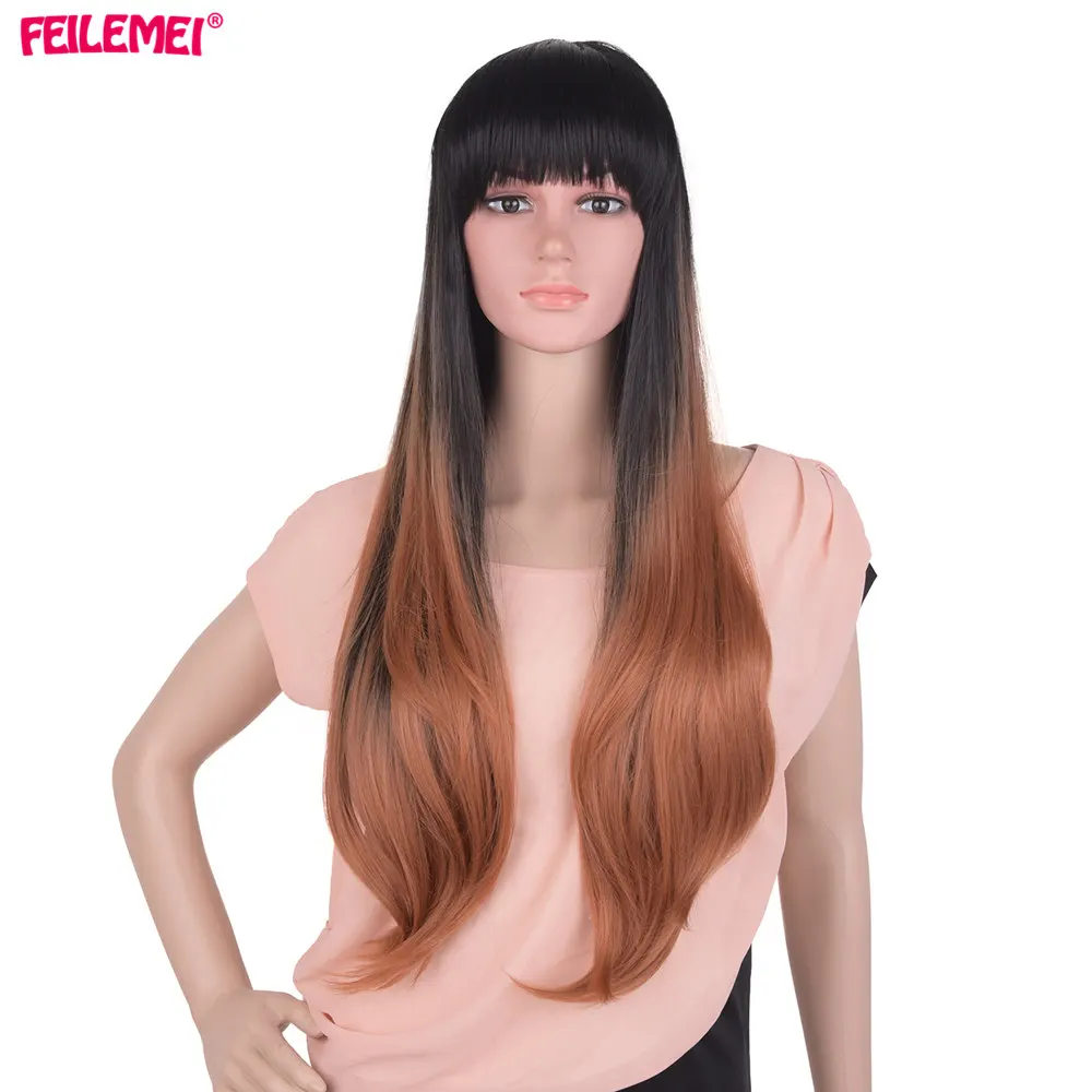 1B/27HL Feilimei Ombre Серый парик Синтетический 24-дюймовый 280г Длинные прямые фемзы Нет кружева Полный головной черный Синий Фиолетовый Серый парики для женщин Волосы - Цвет: 1B/27HL