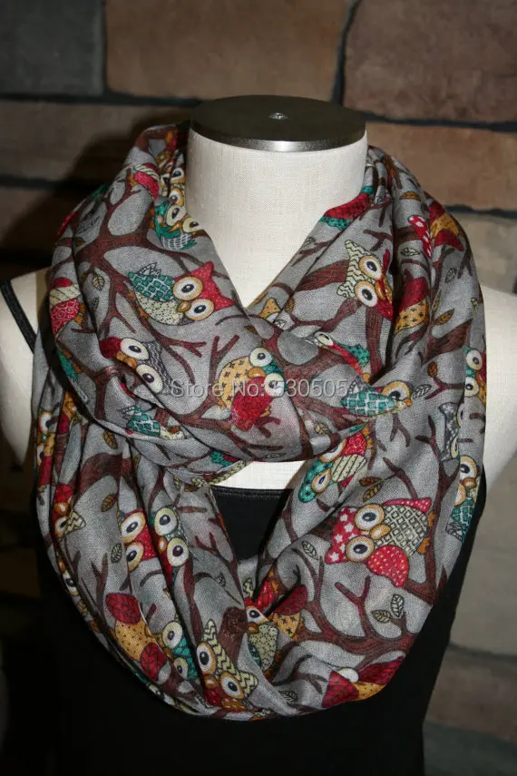 

Grey owl Infinity Scarf Whimsical Owl Grey Gray Circle Loop Scarf 10PCS/LOT