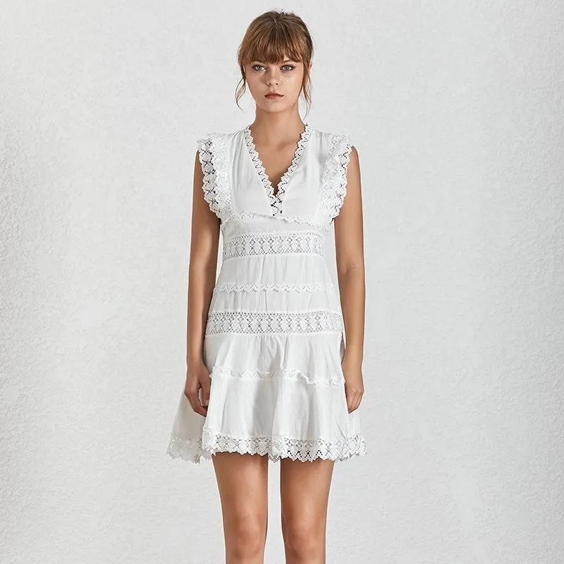white TWOTWINSTYLE лоскутное кружевное платье для женщин с v-образным вырезом без рукавов Высокая талия мини Русалка платья для женщин Элегантная мода Лето Новинка - Цвет: white