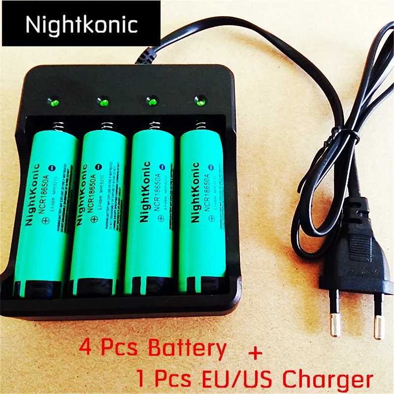 Оригинальная Nightkonic 1 шт. зарядное устройство с разъемом EU 2/4+ 4 шт./партия 18650 Аккумулятор 3,7 в литий-ионная аккумуляторная батарея N с плоским верхом