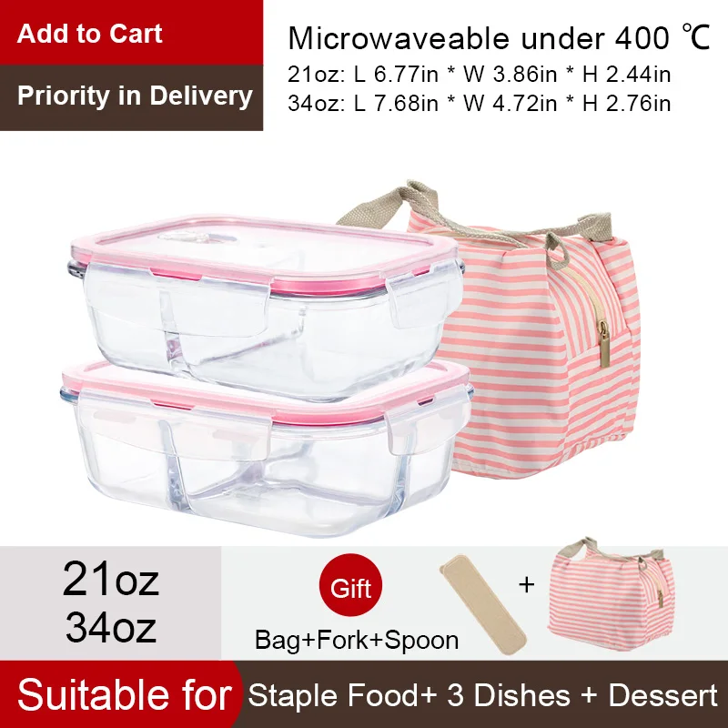 C21oz-34oz-Pink Bag Здоровый материал Ланч-бокс 3 отделения коробки микроволновая посуда контейнер для хранения еды Ланч-бокс стеклянный контейнер - Цвет: C21oz-34oz-Pink Bag
