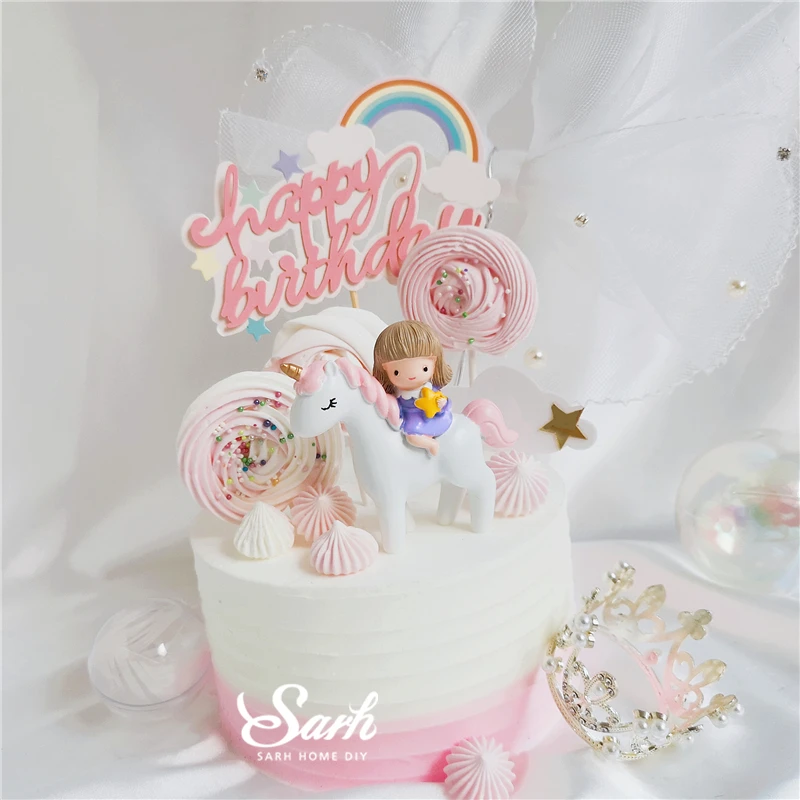 

Unicorn and Girl Cake Topper Hairball Rainbow Decoration Happy Birthday Valentine's Day Decorations For Baking Sweet girl's Gift