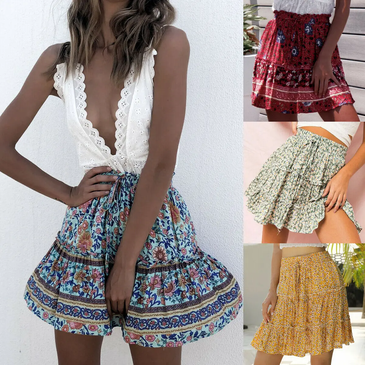 4Colors Summer Women Hot Fashion Floral Skirts Ladies Female Bohemian Gypsy Beach Skirt Sundress Outfits New | Женская одежда
