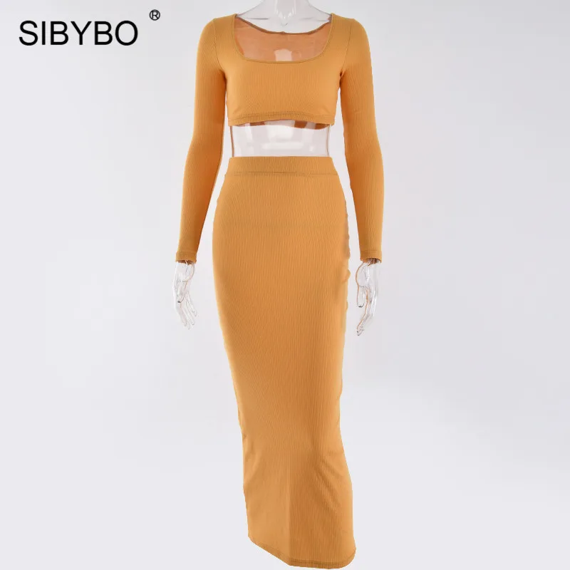 Цвет: желтый Sibybo, Ребристое, с длинным рукавом, сексуальное, из двух частей, платье, квадратный воротник, высокая талия, повседневное, облегающее, одноцветное, Клубные, вечерние, женское платье - Цвет: Цвет: желтый