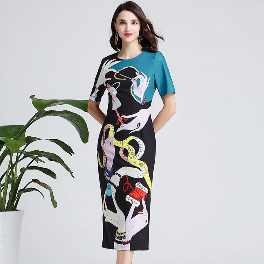 Женское платье карандаш AELESEEN черное синее с принтом руки украшенное блестками