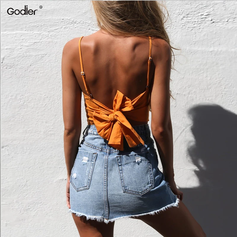 Godier Summer Backless Casual Vest Women Tops Sexy Solid Crop Top Padded Straps Halter Black/Yellow Tanks &amp Camis | Женская одежда