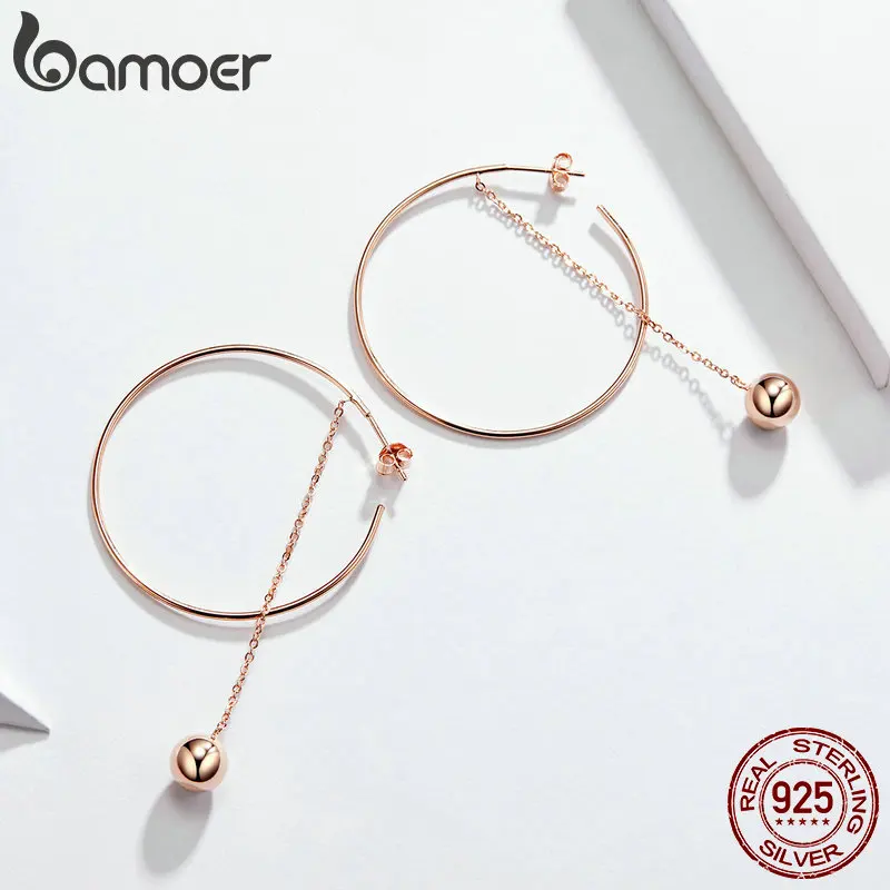 BAMOER, популярные,, 925 пробы, серебряные, большие, круглые, длинная цепочка, висячие серьги для женщин, рок стиль, серьги, ювелирное изделие, SCE569