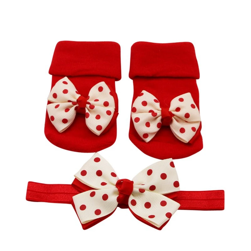 2PCS/Set Baby Socks For Girl Bebe Toddler Newborn Sock+ Bow Headband Infant Anti Slip Cotton Socks Glue Birthday Sock 0-1Years