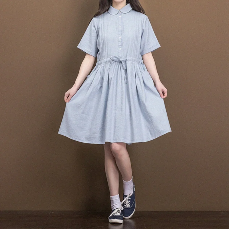 Летнее хлопковое льняное платье женское ТРАПЕЦИЕВИДНОЕ ПЛАТЬЕ короткий рукав