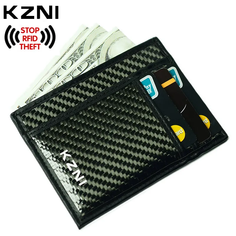 KZNI Rfid Блокировка из углеродного волокна Женский кошелек из натуральной кожи для кредитных карт держатель для карт женский кошелек черный кожаный чехол для карт