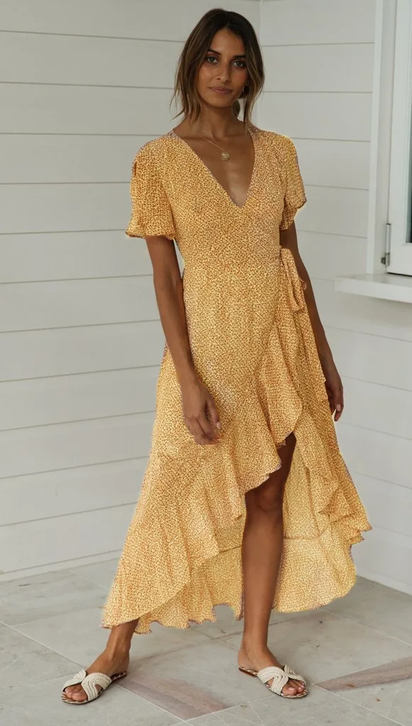 2019 Summer New Women Sexy V Neck Dress Dot Print Lady Short Sleeve Ruffles Fashion Dresses Femal Elegant Long | Женская одежда