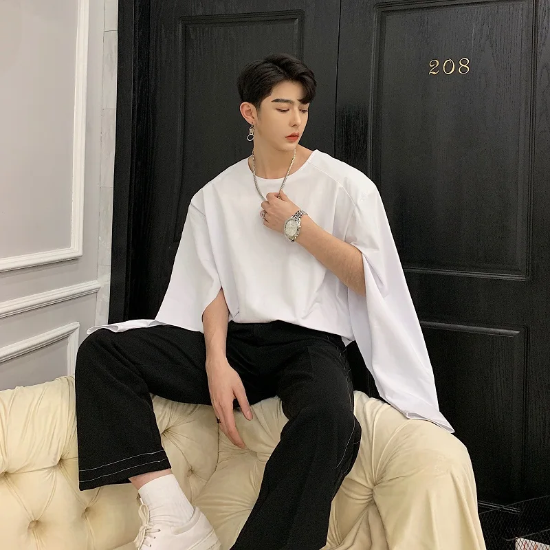 

S-6XL!!Spring designer's niche shoulder pads open seam cut long sleeve T-shirt popular logo men's loose-fitting T-shirt top