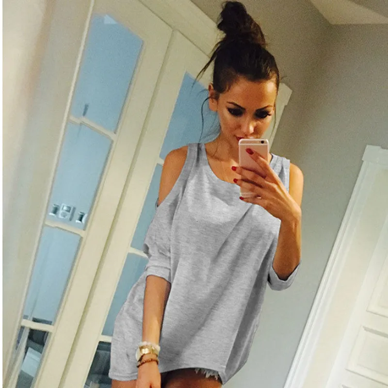 Женская летняя футболка с круглым вырезом, одноцветная, с открытыми плечами, сексуальная длинная футболка, женский топ, футболки, свободная повседневная футболка размера плюс 5XL 934998
