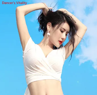 Only Top as Photo Одежда для танца живота новая летняя хлопковая тренировочная одежда с блокировкой цветов верхняя юбка индийский Восточный танец перфорированный комплект - Цвет: Only Top as Photo