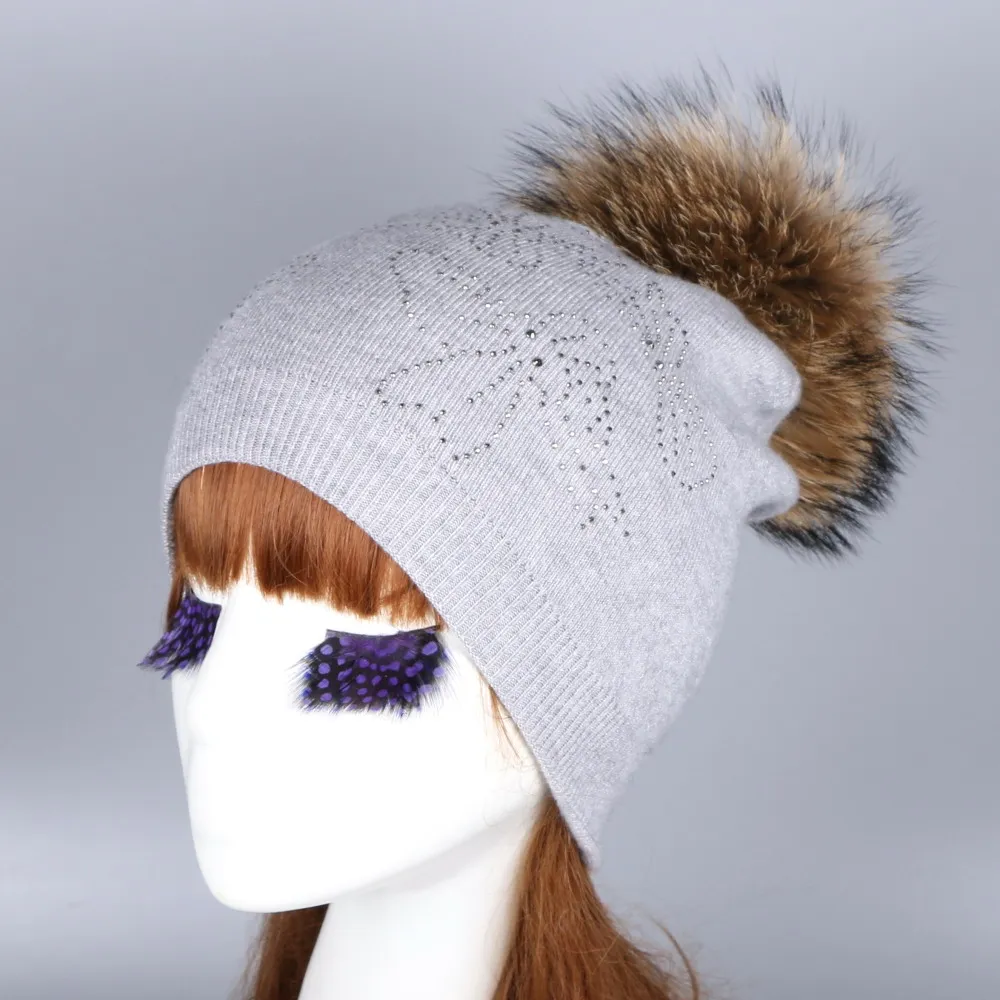 Оптовая продажа женская модная шерстяная зимняя шапка с помпоном из лисы и норки