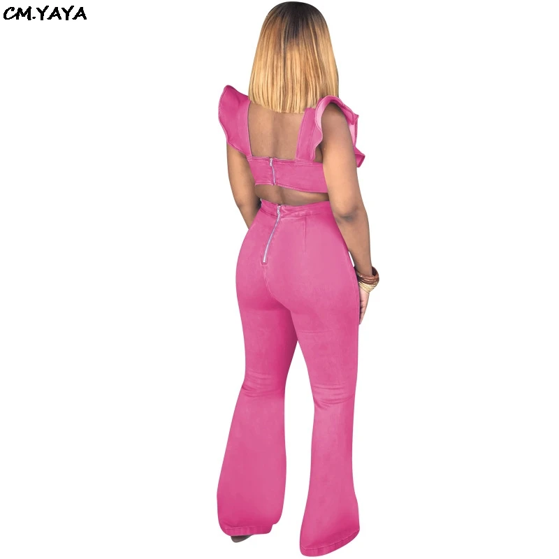 Женский джинсовый комбинезон с оборками без рукавов разрезом сзади 5 цветов