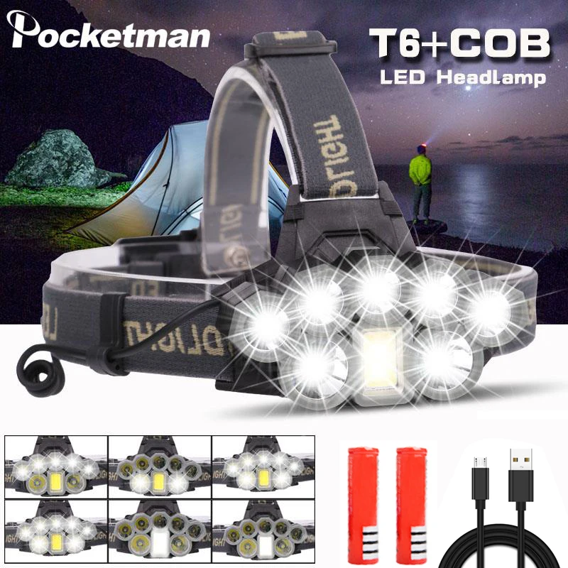 Налобный светильник 7300lm налобный фонарь с зарядкой от USB 2 * T6 + 5 Q5 1 COB Светодиодный