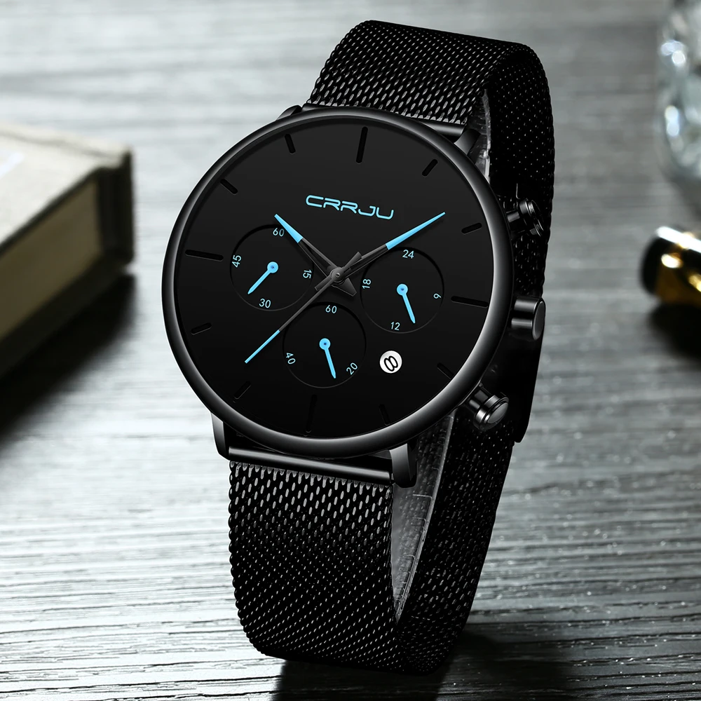 Мужские часы Relogio Masculino CRRJU, мужские деловые часы, роскошные повседневные водонепроницаемые спортивные часы, мужские кварцевые часы с 3 циферблатами, тонкие сетчатые часы