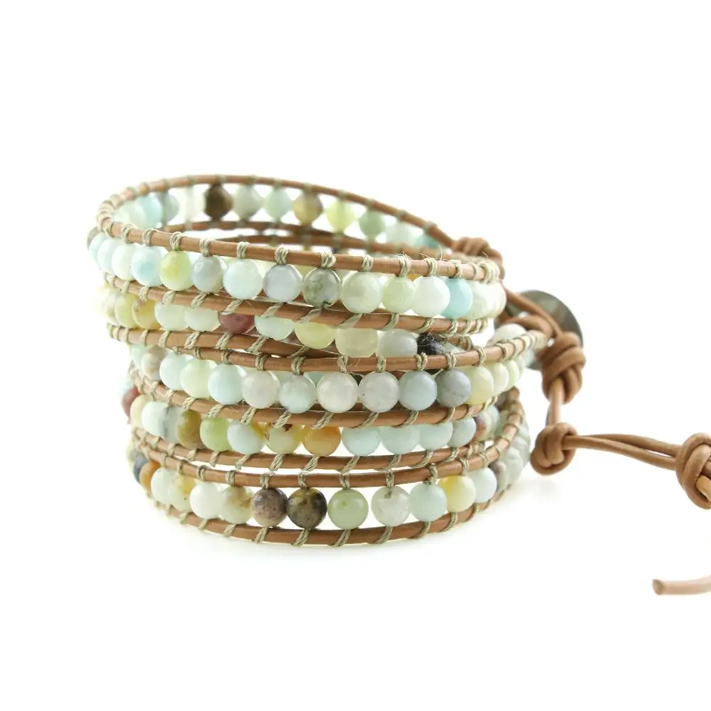 Изысканные бусины из амазонита 5 нитей плетеный кожаный браслет многослойный