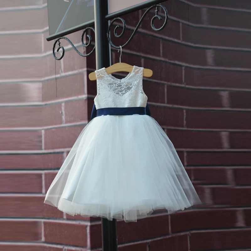 Hot Rustic Ivory Lace Navy Blue Sash/Bow Flower Girl Dress White Country Toddler Wedding Baptism Tulle Girls Pageant Dresses | Детская