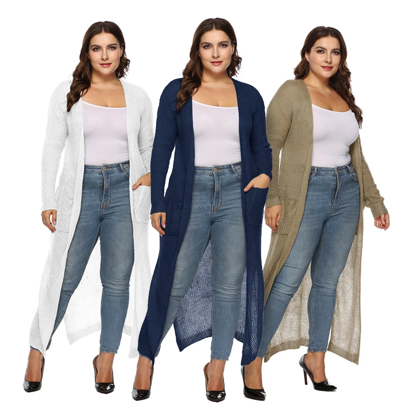 PGSD Big size Women Clothes Simple pure color Long sleeves pocket Thickened long knitted Forking sweater Cardigan female XXXL |
