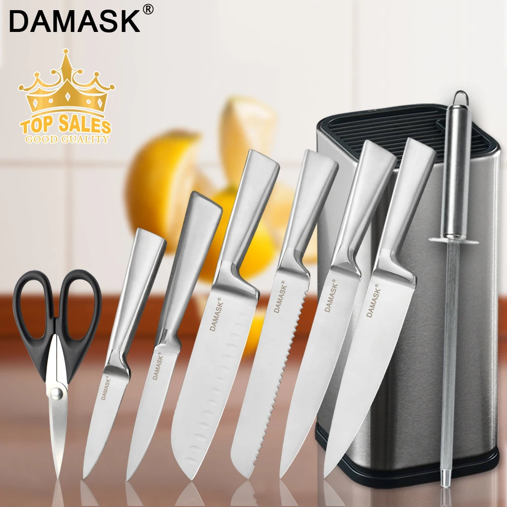 Дамасский набор кухонных ножей из нержавеющей стали, фруктовый нож Santoku для нарезки хлеба, нож шеф-повара, ножницы, точилка и Держатель ножей