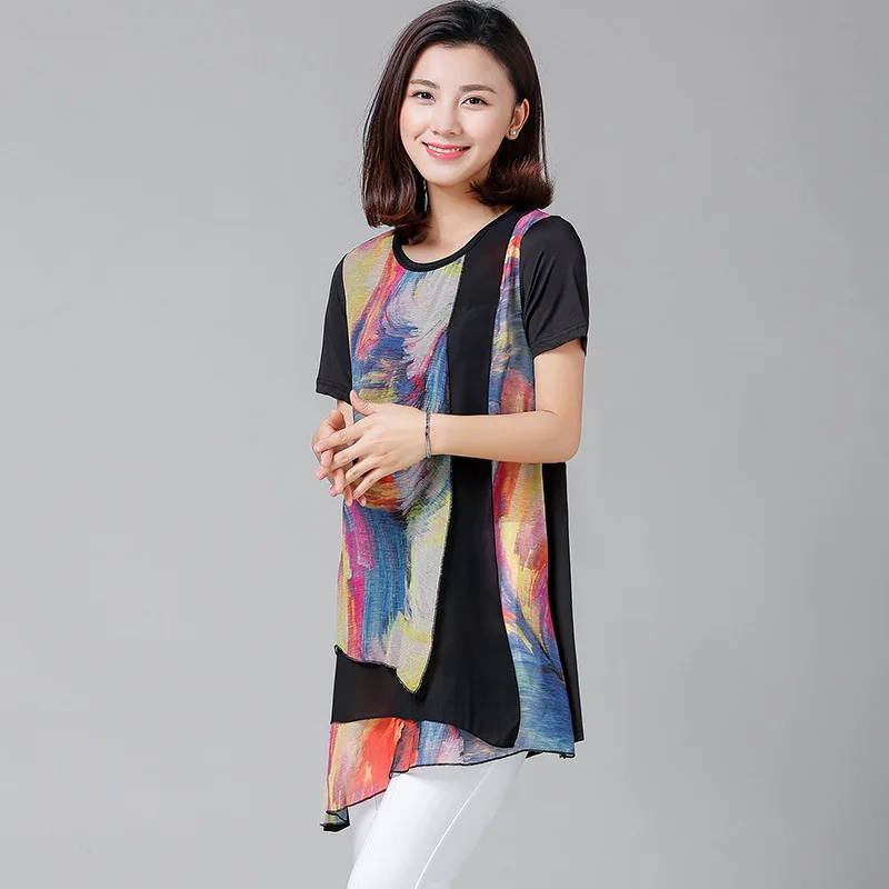 2017 Новинка футболки с круглым вырезом Летняя блузка длинным рукавом шифон Блузки