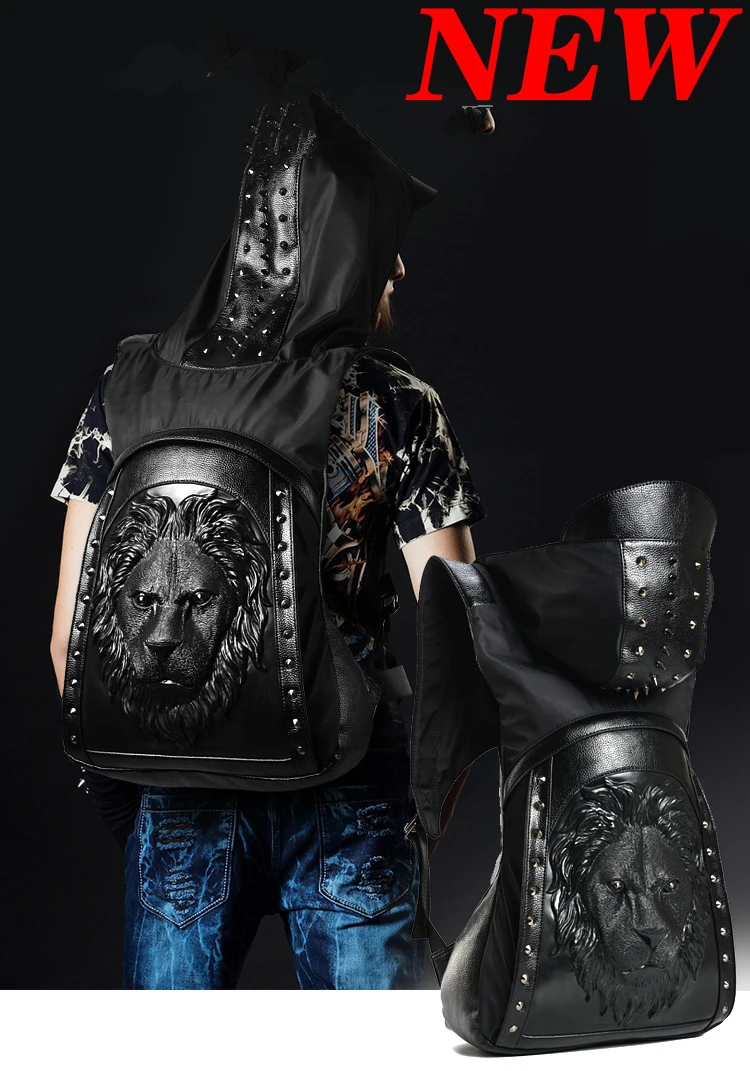 Вместительный мужской кожаный рюкзак с рельефным 3d рисунком|lion backpack|backpack gothiclarge
