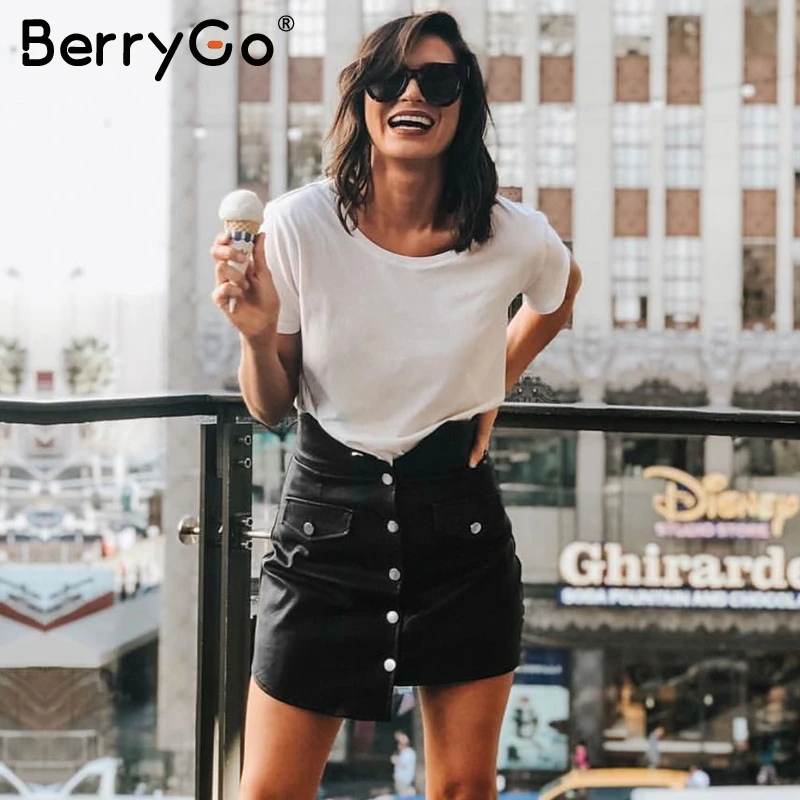 BerryGo PU кожаные пуговицы Женская юбка высокая Талия bodycon мини карандашные юбки