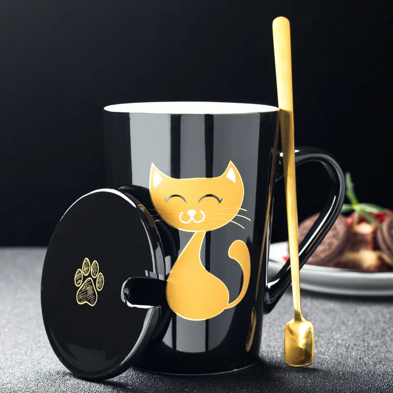 Mug Set 420 мл, новинка, милая керамическая кофейная кружка с котом, с крышкой, ложкой, кружки с животными, креативная посуда для девочек, кофейные чайные чашки, новые подарки, чашка для молока - Цвет: Mug Set