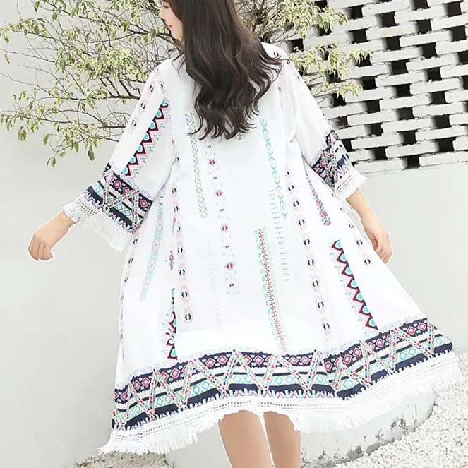 

2021 Kimono Cardigan Fashion Tassel Chiffon Summer Tribal Retro Printed Blouses Ladies Shirts Feminina Women Clothing