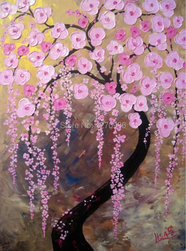 

Hand-painted Modern Pink Petals are Full of the Tree Standing Near the Lake Handmade Wall Art Knife Oil Painting On Canvas