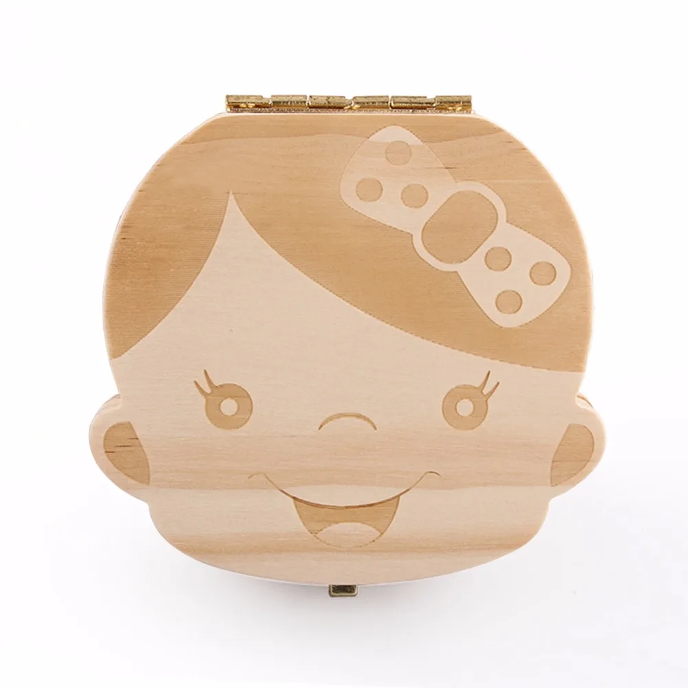 Caja de madera Natural con texto en ingl&eacute;s/ruso/franc&eacute;s/holand&eacute;s/espa&ntilde;ol para guardar los dientes de la leche-2