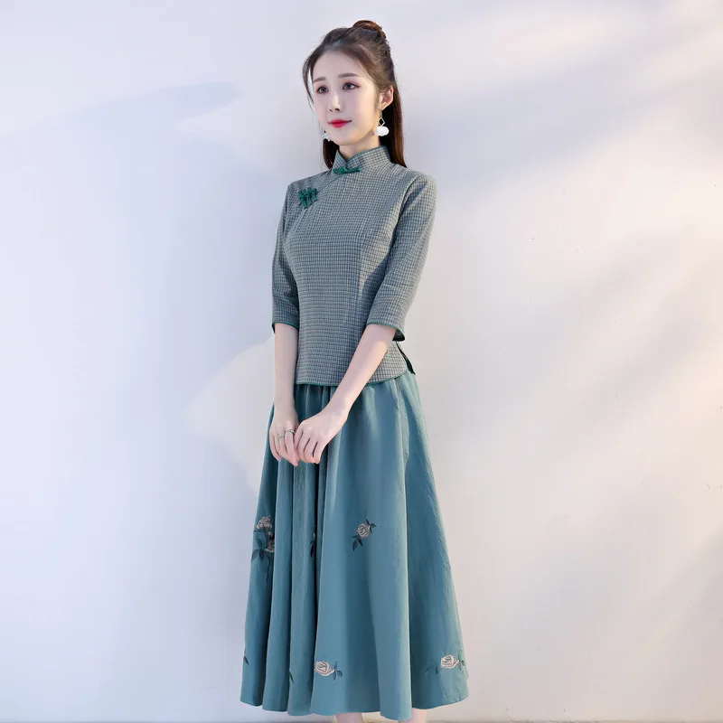 Женский летний cheongsam костюм из двух частей женский хлопковый Ципао винтажный воротник Мандарин Qipao Vestidos размера плюс S-3XL