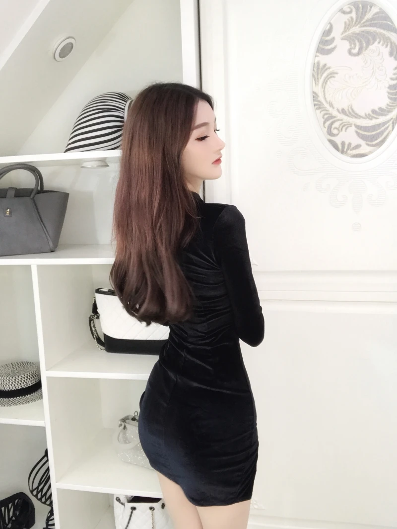 Женское винтажное бархатное платье Cheongsam черное облегающее с длинным рукавом в