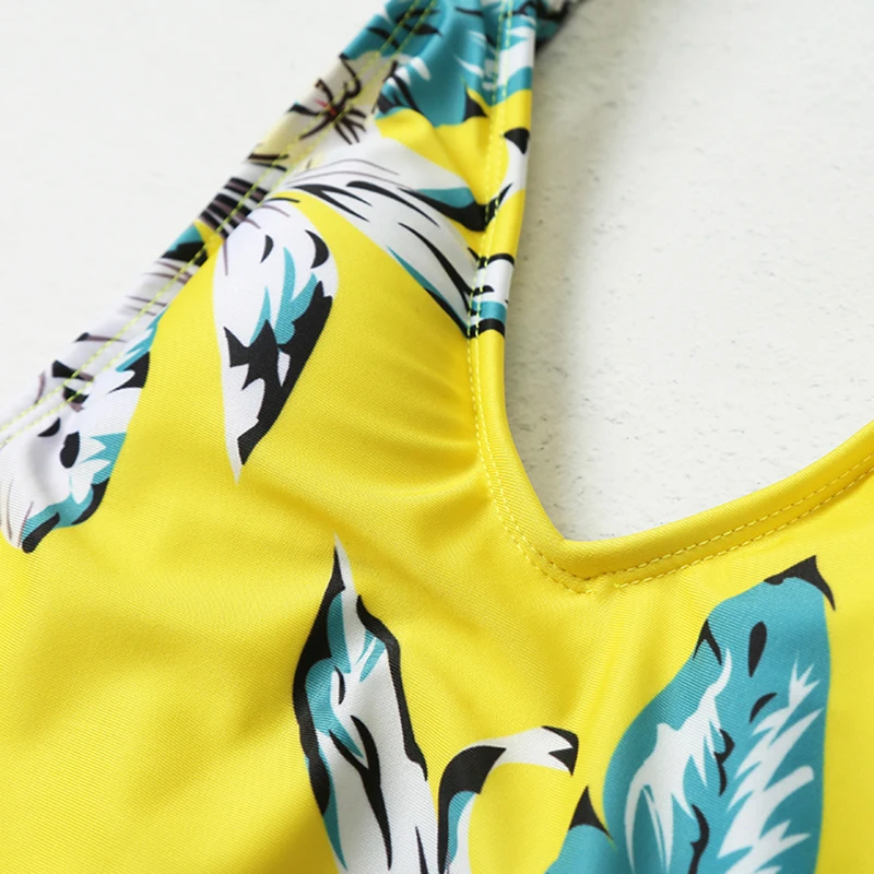 New Women Swimwear One Piece Swimsuit Retro White Yellow Print Ruffle Push Up Bathing Suit Female Sexy Beachwear Bodysuit | Спорт и